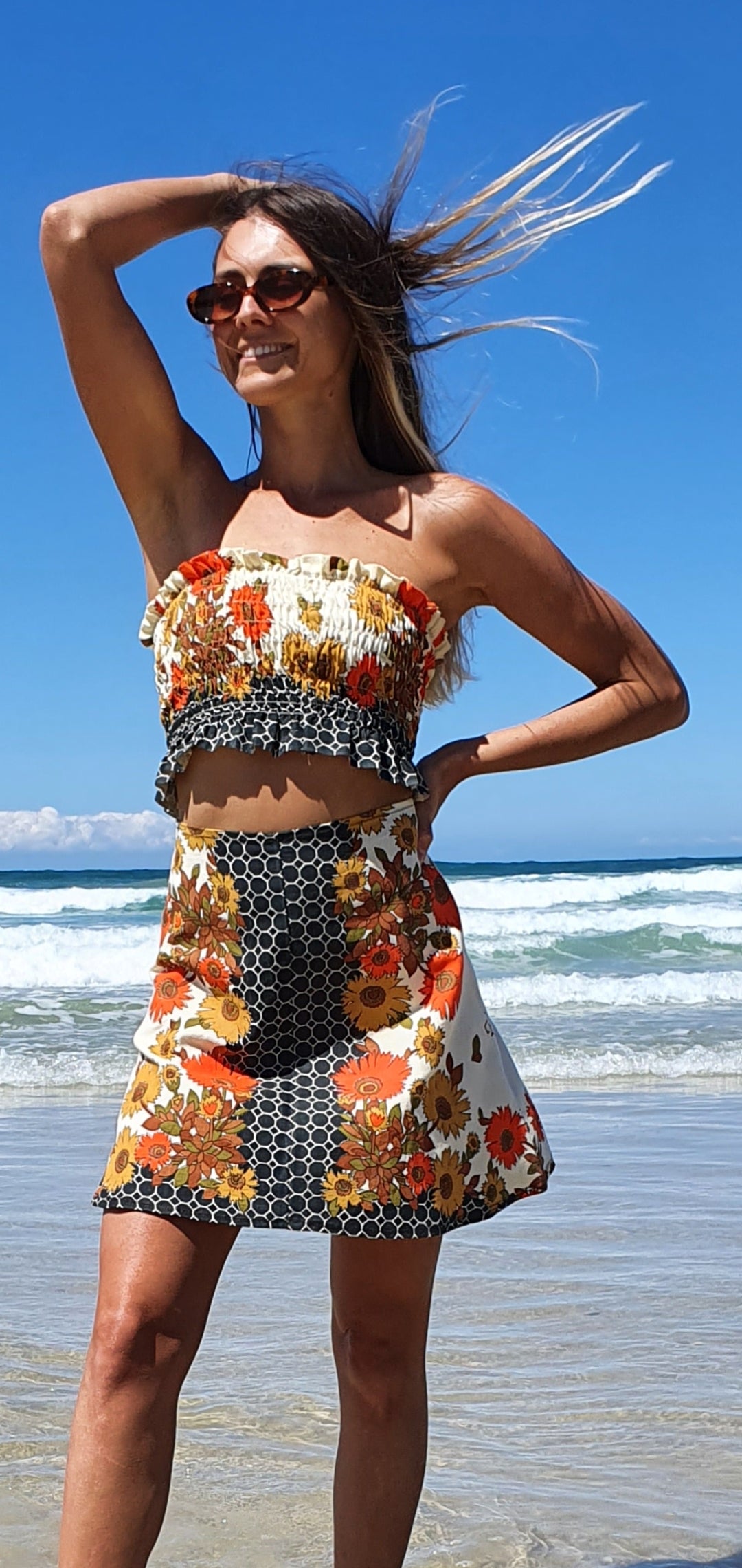 Tree Flower Linen High Waisted Skirt (Orange/Black)