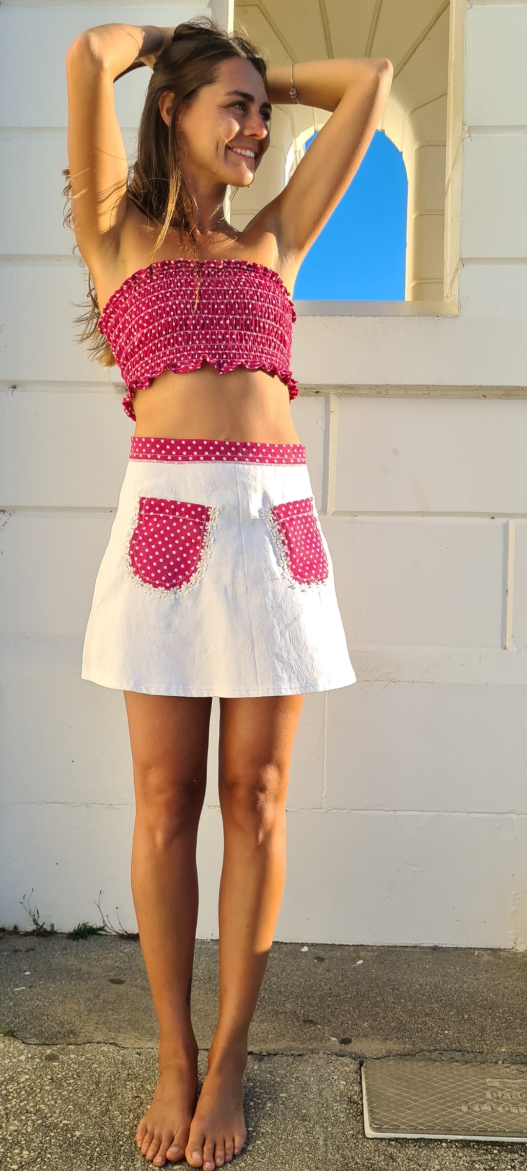 Gina Mini & Boob Tube Set (Hot Purple Pink & White Polka Dot)