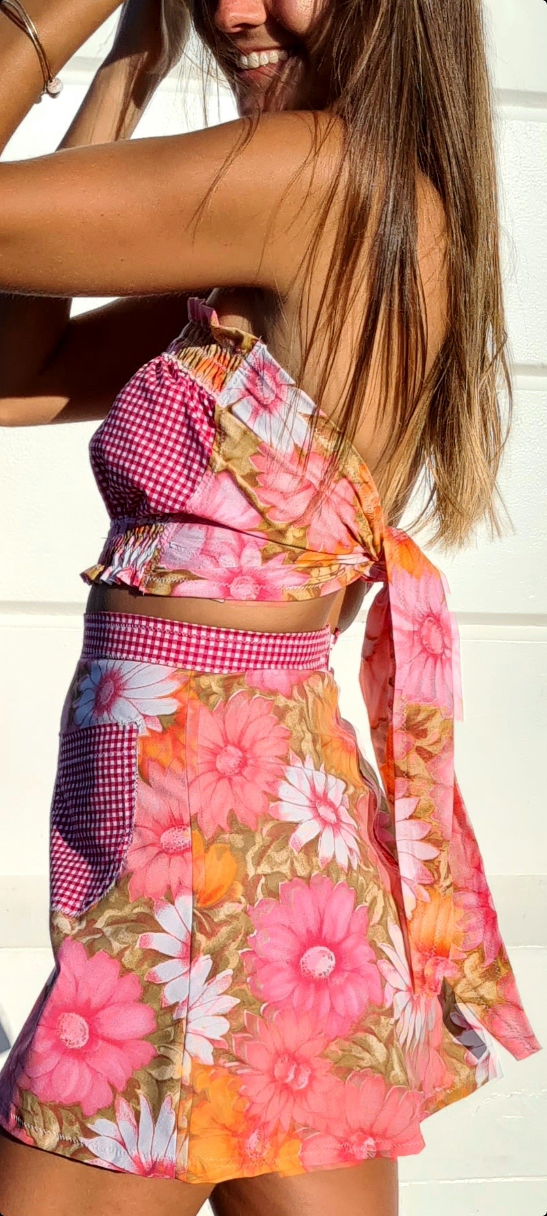 Gingham & Flowers Red Check Skirt