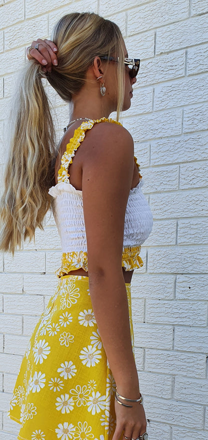 Damask Yellow Daisy Shirred Top