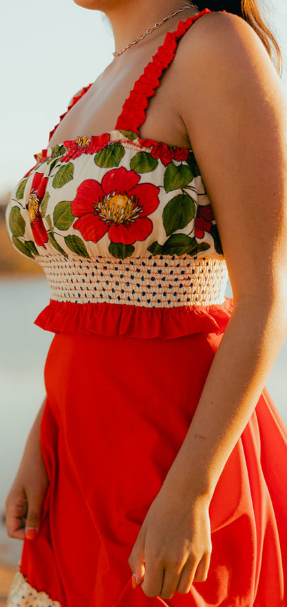 Red Frida Linen Shirred Top