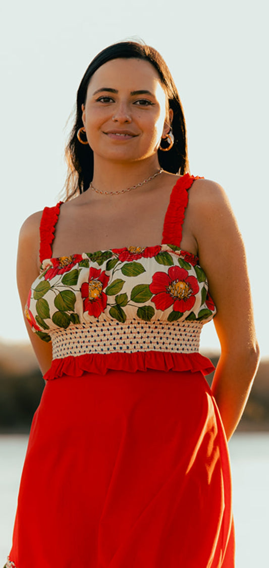 Red Frida Linen Shirred Top