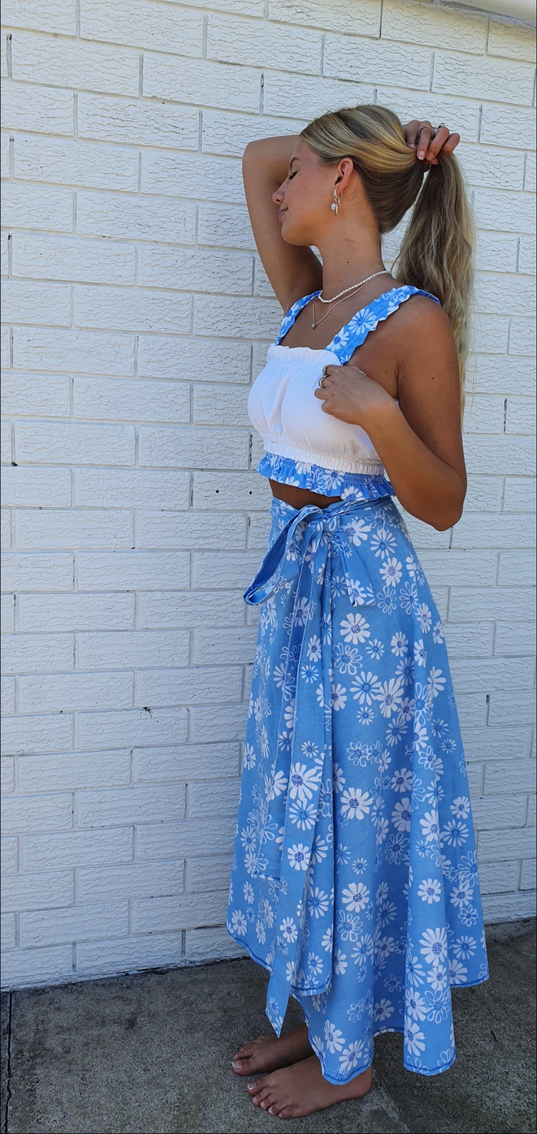 Blue Daisy Damask Shirred Top