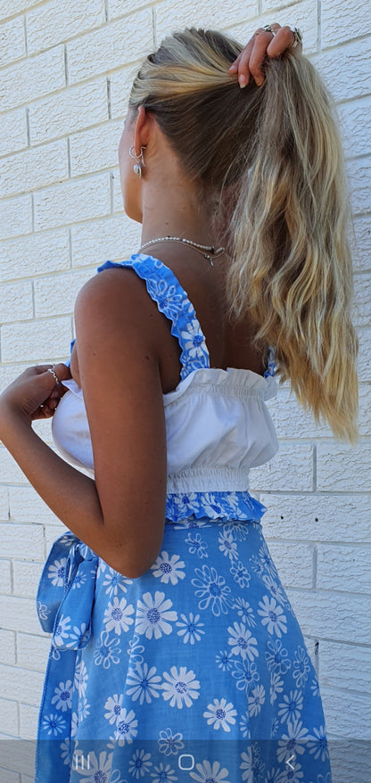 Blue Daisy Damask Shirred Top