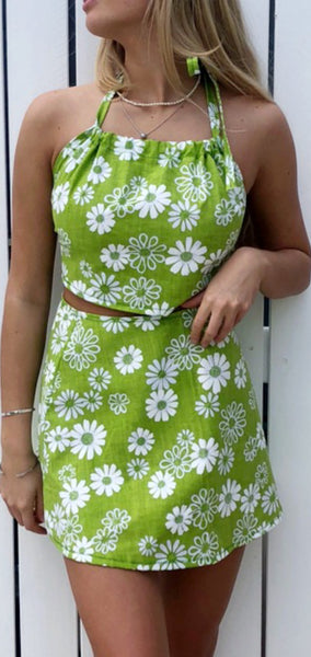 Twiggy Mini Skirt  (Green Daisy)